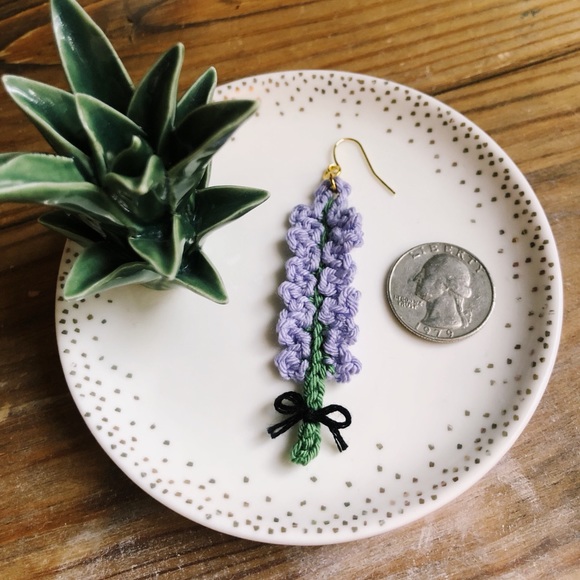 Lavender Flower Floral Earrings Crocheted with a Bow! - Picture 7 of 8